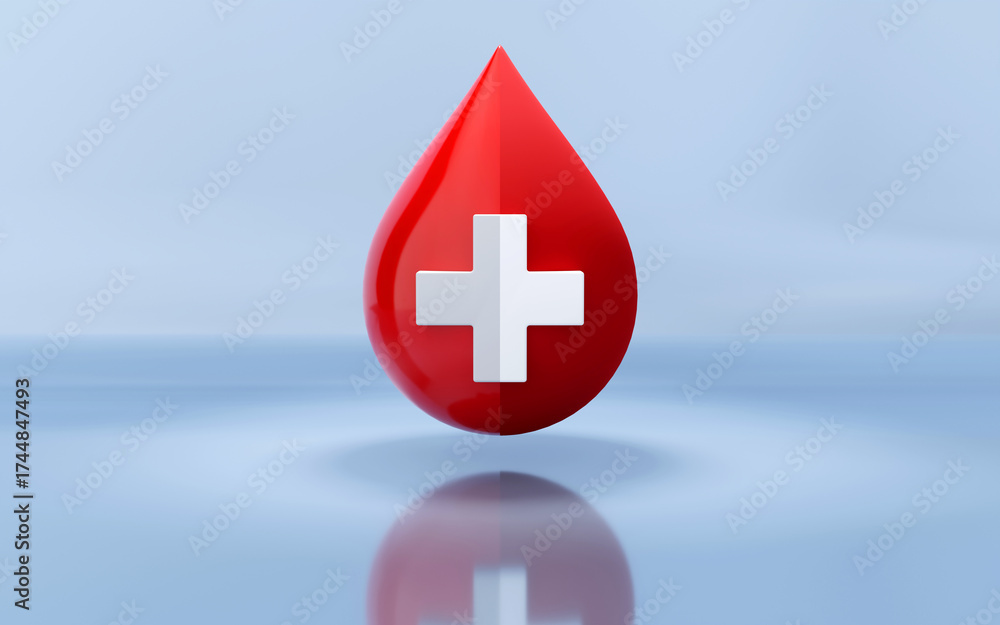 Obraz premium 3D rendering of blood drop with the medical cross symbol on color background, Donation, hematology and medicine concept