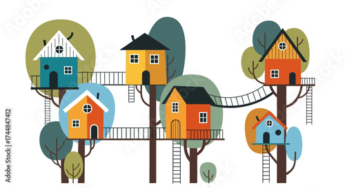 Whimsical Treehouse Village with Colorful Houses and Bridges.