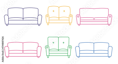 Colorful outline drawings of various sofa and couch designs displayed