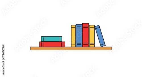 Colorful stack of books arranged on a wooden shelf illustration