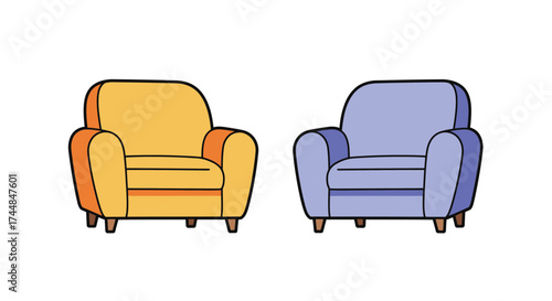 Two cartoon armchairs one yellow and one blue side by side