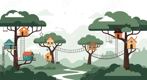 Whimsical Treehouse Village with Rope Bridges and Swings.