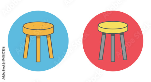 Two simple wooden stools presented against bright blue and red backgrounds