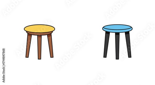 Illustration of two simple wooden stools with colorful seats displayed