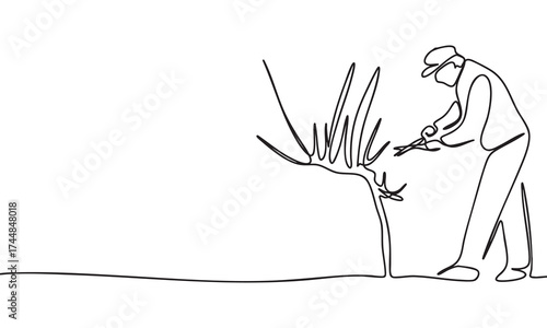 Gardener Pruning Tree Line Art