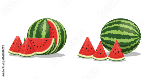 Fresh watermelons and colorful slices displayed for a refreshing summer treat
