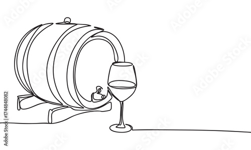 Wine Barrel and Glass Continuous Line Art