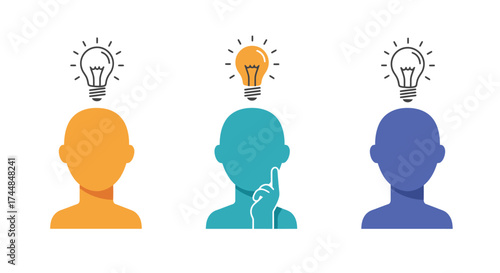 Three heads with lightbulbs representing ideas and creative thinking concepts