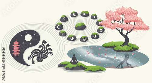 Zen Garden Arrangement with Yin Yang Symbol and Cherry Blossom Tree.