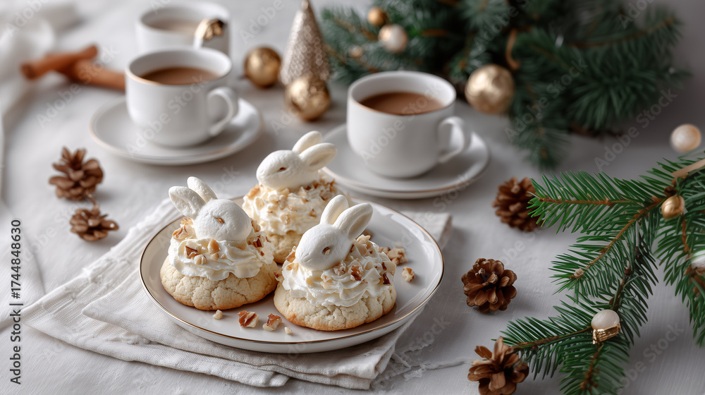 Fototapeta premium Easter Bunny Treats and Coffee: A festive still life captures the essence of Easter with delightful bunny-shaped pastries and aromatic coffee, evoking warmth and festive cheer.