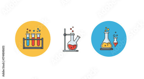 Colorful illustration depicting various laboratory glassware and chemical experiments