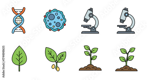 Illustrations depicting biological science concepts dna cells plants and microscopy