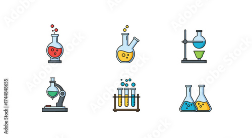 Colorful illustration depicting various laboratory glassware and scientific equipment