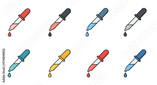 Colorful dropper bottles displaying various shades of liquid solutions
