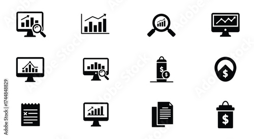 Collection of financial and data analysis icons in black and white