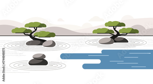 Zen Garden Serenity - Tranquil Stones and Bonsai Trees in Harmony.