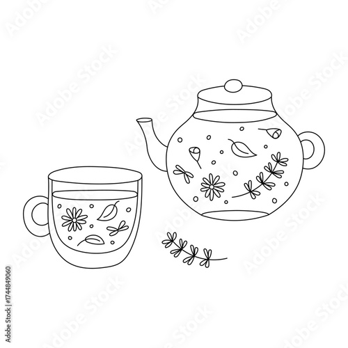 Herbal tea pot and cup. Line drawing, simple doodle art. Vector illustration black and white. Minimalist lineart of a teapot and cup with leaves, herbs, floral elements. Relaxation, cozy spa time