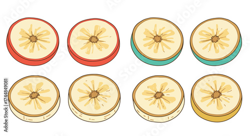 Sliced apples in various colors and shades are neatly arranged