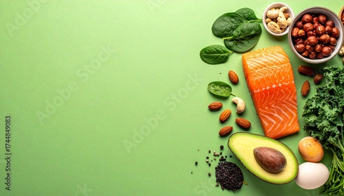 Selection of healthy foods arranged on bright green surface, showcasing fresh salmon, avocado, nuts, and spinach for balanced diet and wellness.