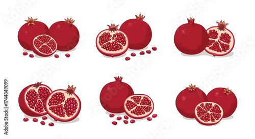 Illustrative depiction of vibrant pomegranates whole and sliced arranged artfully