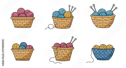 Colorful yarn balls and knitting needles in woven baskets illustration