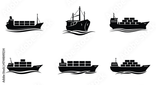 Black silhouette icons depicting various cargo ships sailing on water waves