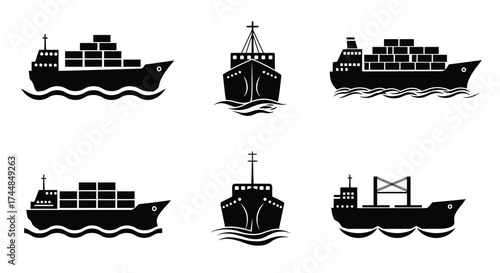 Black silhouette icons depicting various container ships sailing on water waves