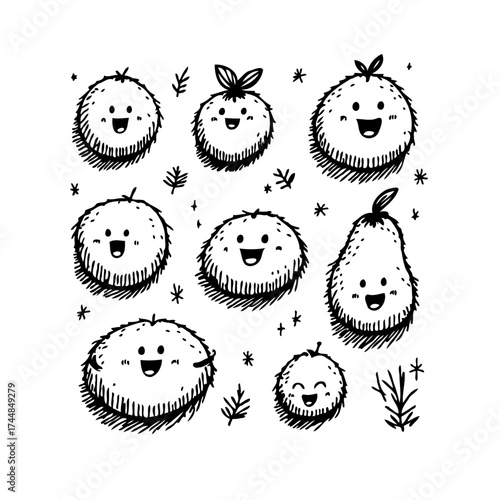 Playful Sketch of Cute Fruit Characters Displaying Joyful Expressions Among Twigs in a Black and