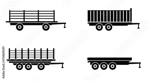 Simple black and white depictions of various utility trailers and carts