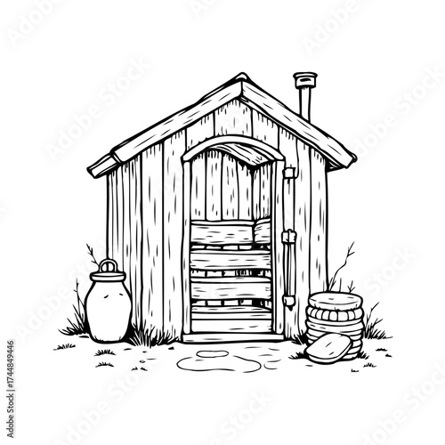 Quaint rustic sauna illustration a small wooden cabin structure with chimney and countryside