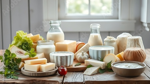 Wallpaper Mural Fresh dairy products displayed on a rustic wooden table with natural lighting. Torontodigital.ca