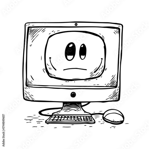 Sad Computer Illustration: A whimsical depiction of digital emotion with retro aesthetic design