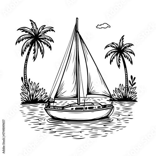 Seascape illustration depicts a sailboat sailing through tropical waters with swaying palm trees