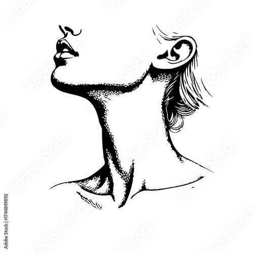 Serene upward gaze artful monochrome illustration of neck and head profile with artistic
