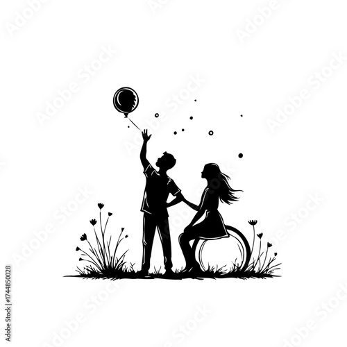 Silhouette illustration of a young couple sharing a moment in nature with a balloon and bicycle