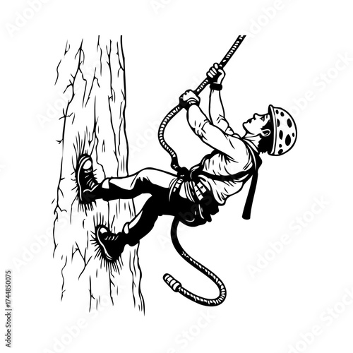 Silhouette of determined rock climber ascending a tree, mastering outdoor skill on challenging