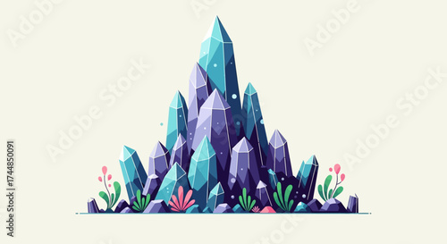 A cluster of vibrant blue and purple crystals growing from the ground with small plants.