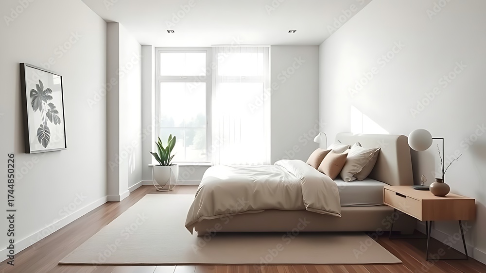 Fototapeta premium Modern bedroom interior with natural light, contemporary living space.