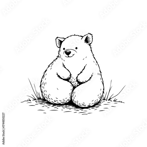 Simple ink drawing of a cute bear cub sitting on the ground on a white background isolated