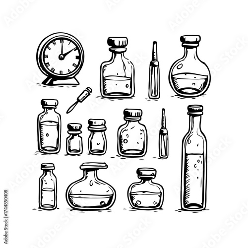 Sketch illustration displaying vintage vials, bottles, a clock, pipette and other medicinal