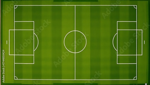 Aerial view of a geometric green football field from above.