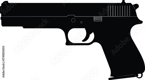 Pistol silhouette vector illustration, black handgun design isolated on white background, firearm symbol for security, law enforcement, military, and weapon concept artwork
