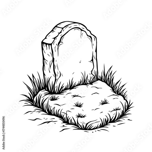 Sketch of a weathered tombstone surrounded by grassy vegetation conveys the serenity of a