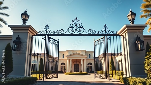 Elegant wrought iron entrance gate of a luxury residence against a blue sky.