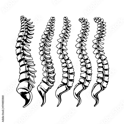 Spinal structure illustration showcasing multiple vertebra patterns, medical study of bones