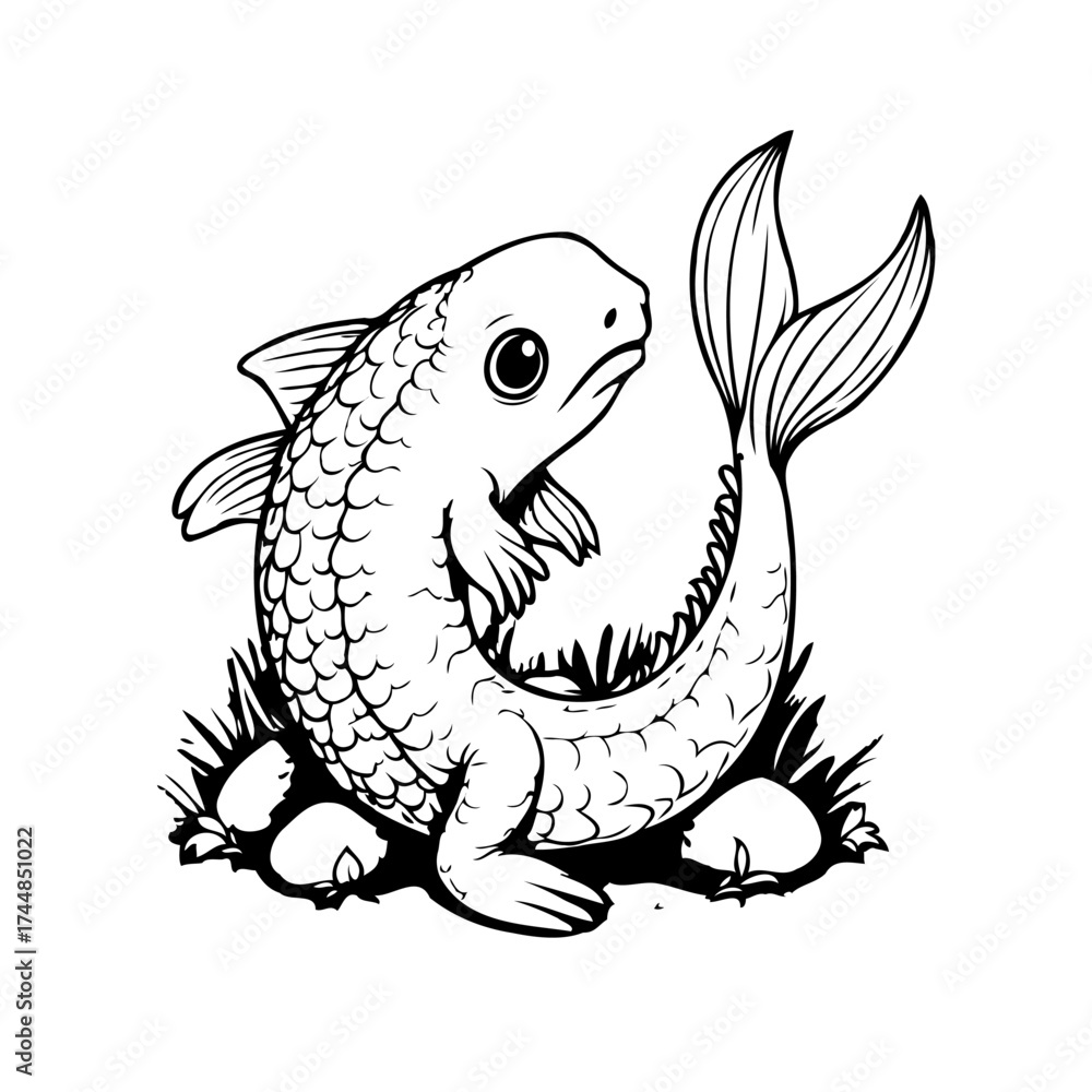 Fototapeta premium Stylized aquatic illustration of a single goldfish with scales and fins in black outline simple art