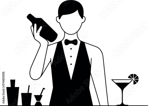 Mixologist shaking cocktail silhouette with bar tools and drinks