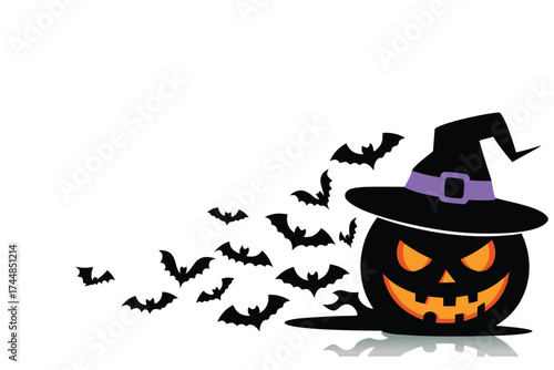 Spooky Jack-o'-Lantern with Witch Hat and Swarm of Bats