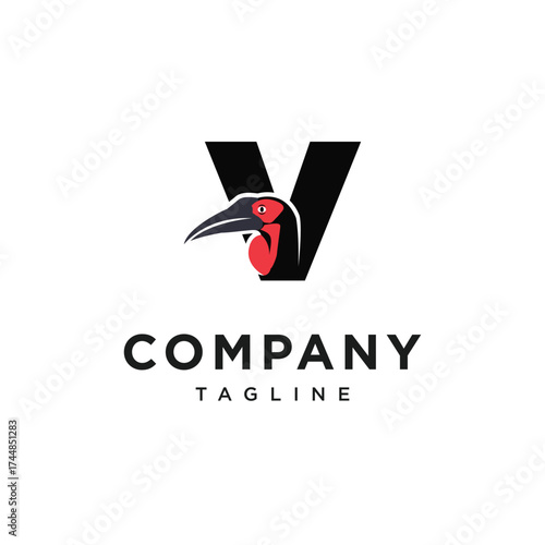 Letter V Southern Ground Hornbill Logo Icon Vector
