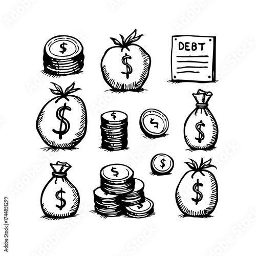 Stylized financial sketch portraying debts accumulation through money coins and bags conceptual